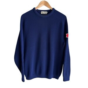 Vintage 70s French Chunky Ribbed Crewneck Sweater Mens L Navy Blue Heavy Retro